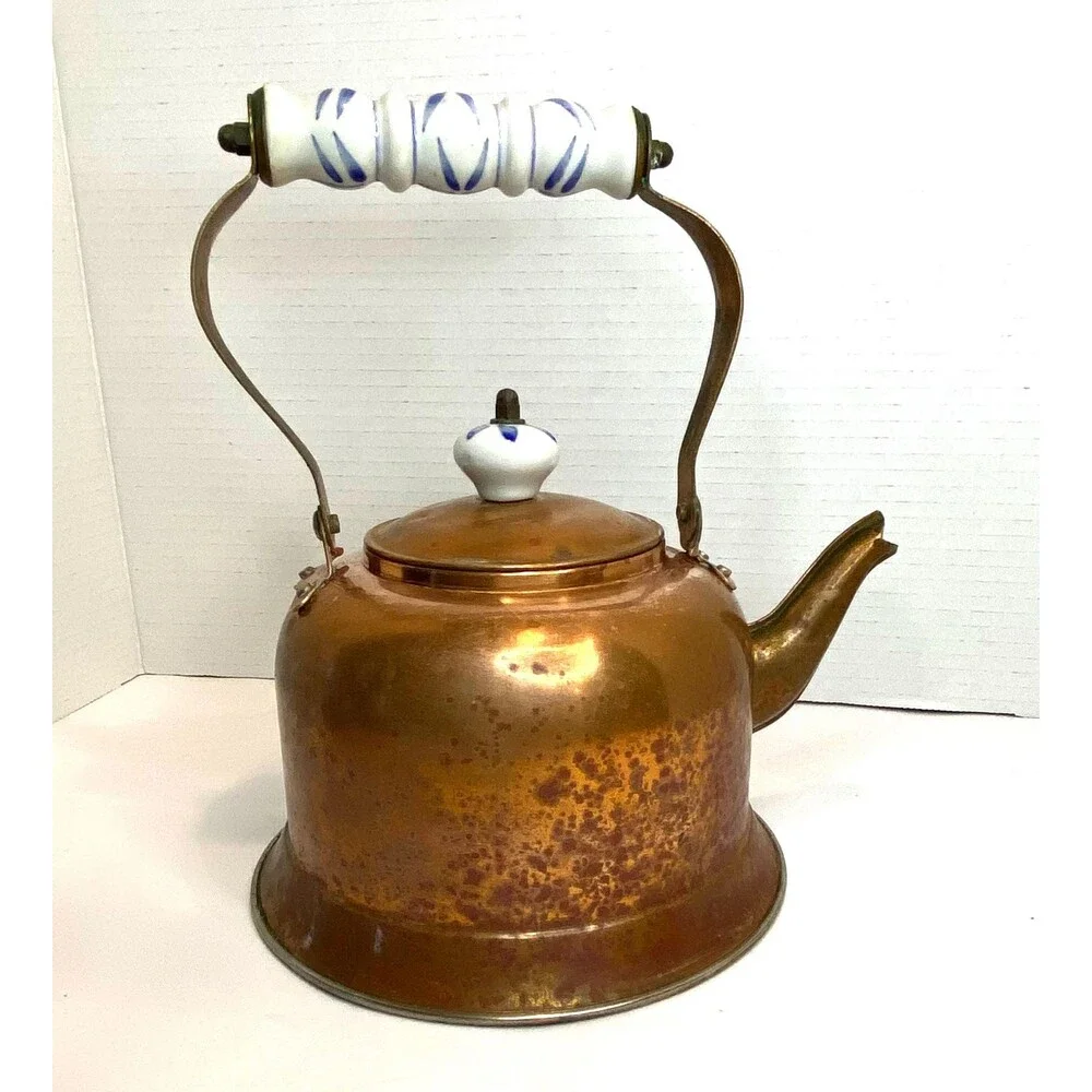 Vintage Copper Kettle with  Porcelain Handle and Lid
